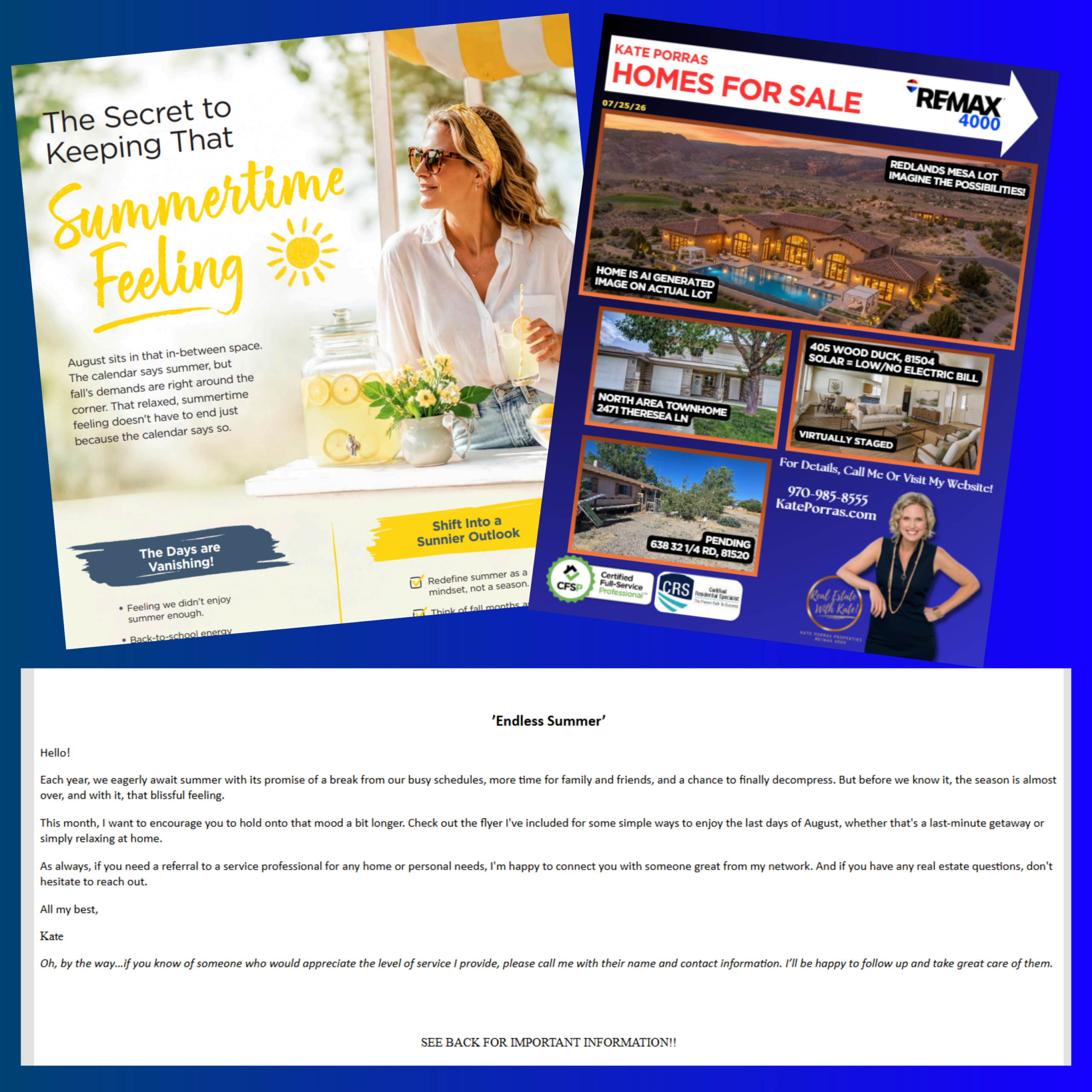 Monthly Client Newsletter and Listing Update Example of Kate Porras's monthly client mailing with homeowner information, current listings and a personal letter