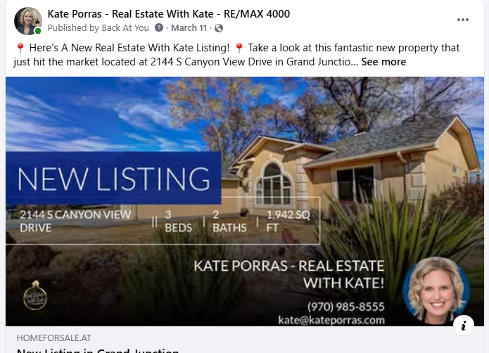 New Listing Social Media Promotion Example of Kate Porras promoting a new Grand Junction home listing on Facebook