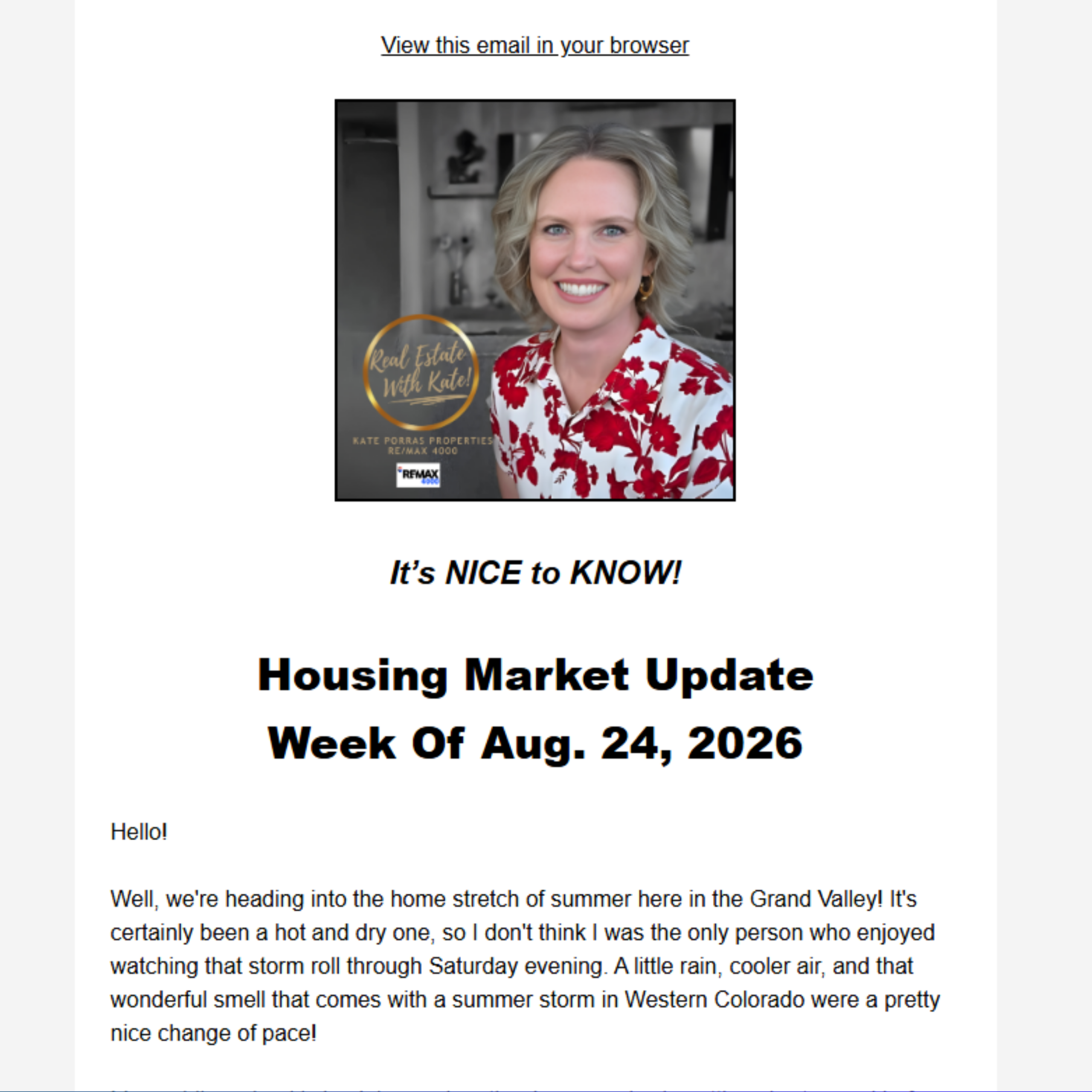 Weekly Housing Market Update Email Example of Kate Porras's weekly Housing Market Update email